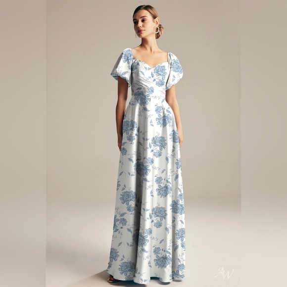 Aw Bridal Dresses & Skirts - NWOT AW BRIDAL Dusty Blue White Peonies Satin Floral Mermaid Puff Sleeve Sz 0